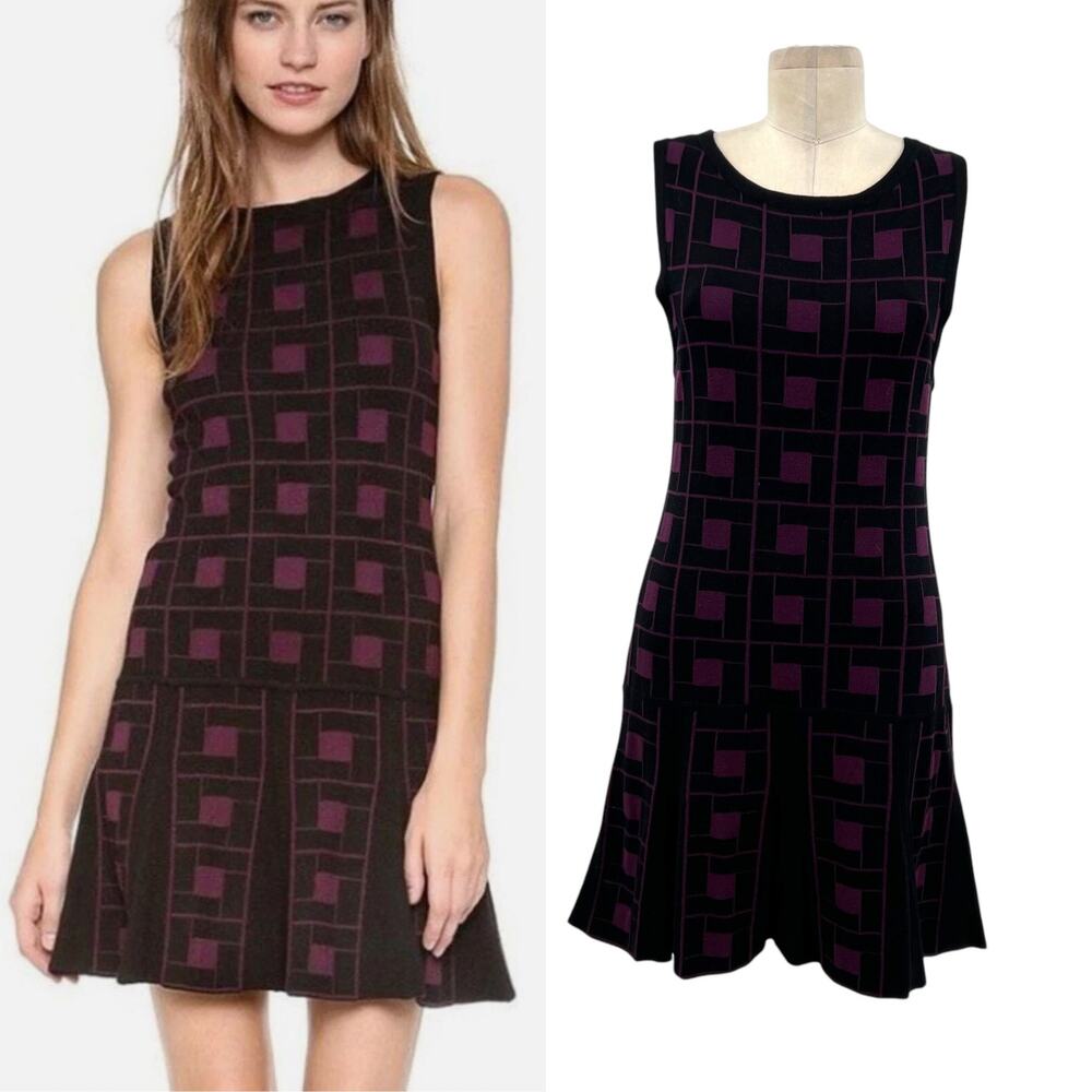 Alice + Olivia Dani Sweater Dress Dropwaist Pleat Knit Check Black Purple Medium